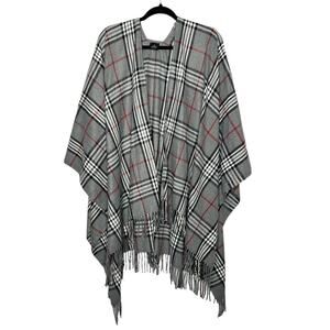 V.FRASS / gray white black red black fringe scarf poncho wrap throw / one size